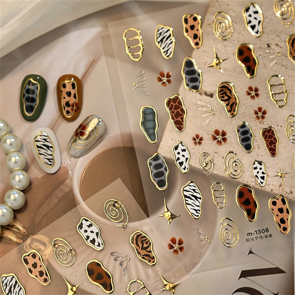 Nail Art Zebra - Retro-Tiermuster, goldgeprägte Sterne, Blumen, geometrische Nagelkunst-Aufkleber,