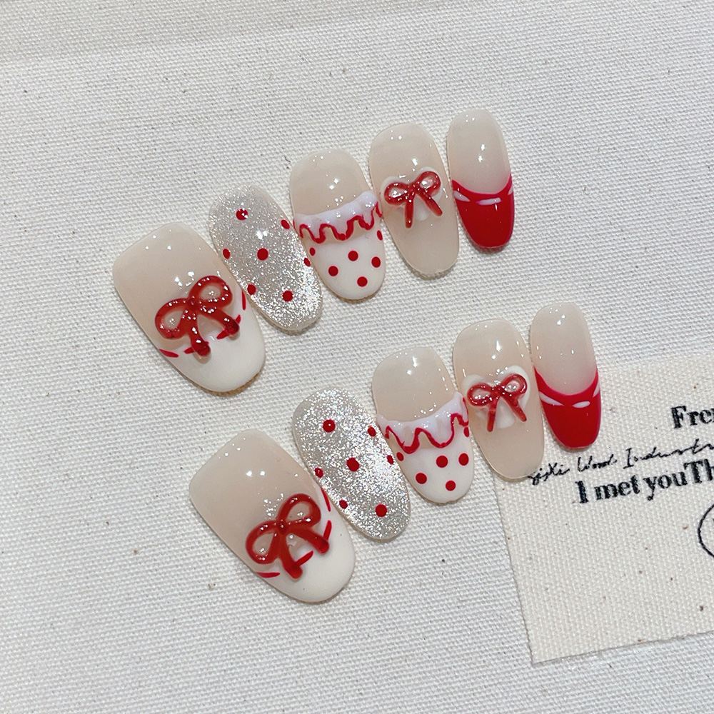 Nail Art Xs - 10 Stück kurze ovale handgemachte Press-On-Nägel-Set,