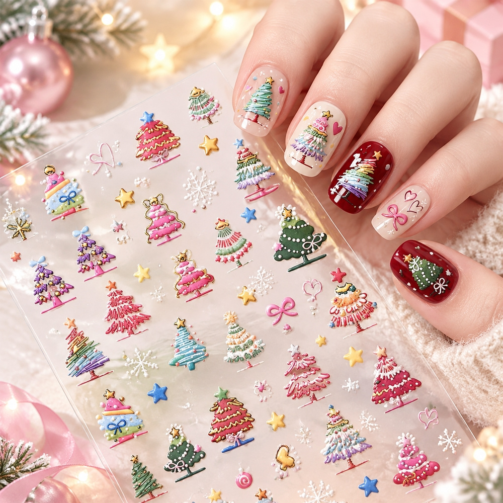 Nail Art Xmas Tree - 1 Stück Neujahrs-5D-Cartoon-Weihnachtsbaum-Nagelkunst-Aufkleber, geprägte, selbstklebende Weihnachts-Abziehbilder