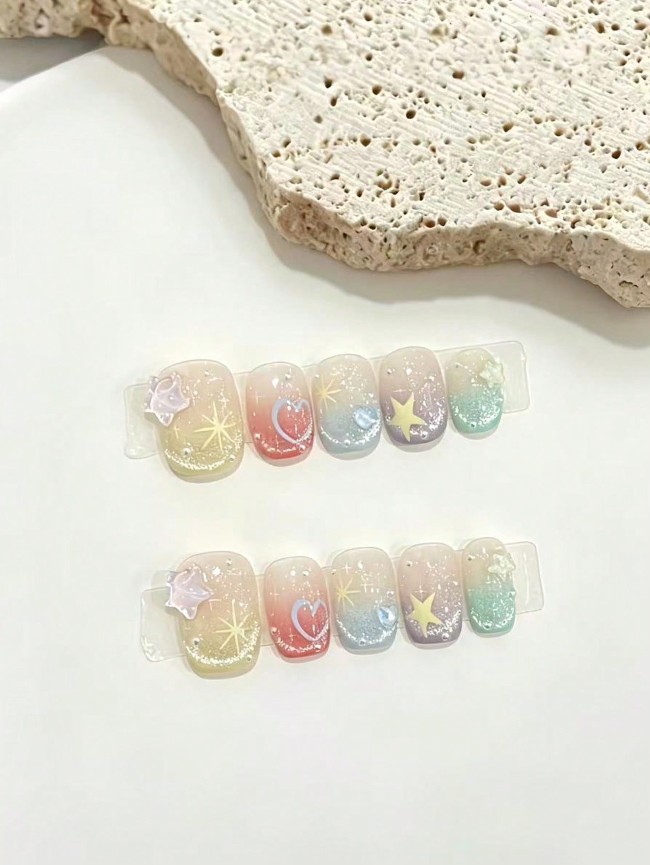 Nail Art Xs - 10-teiliges Set von Macaron-Regenbogen-Farbverlauf Stern-Herz Kurzen