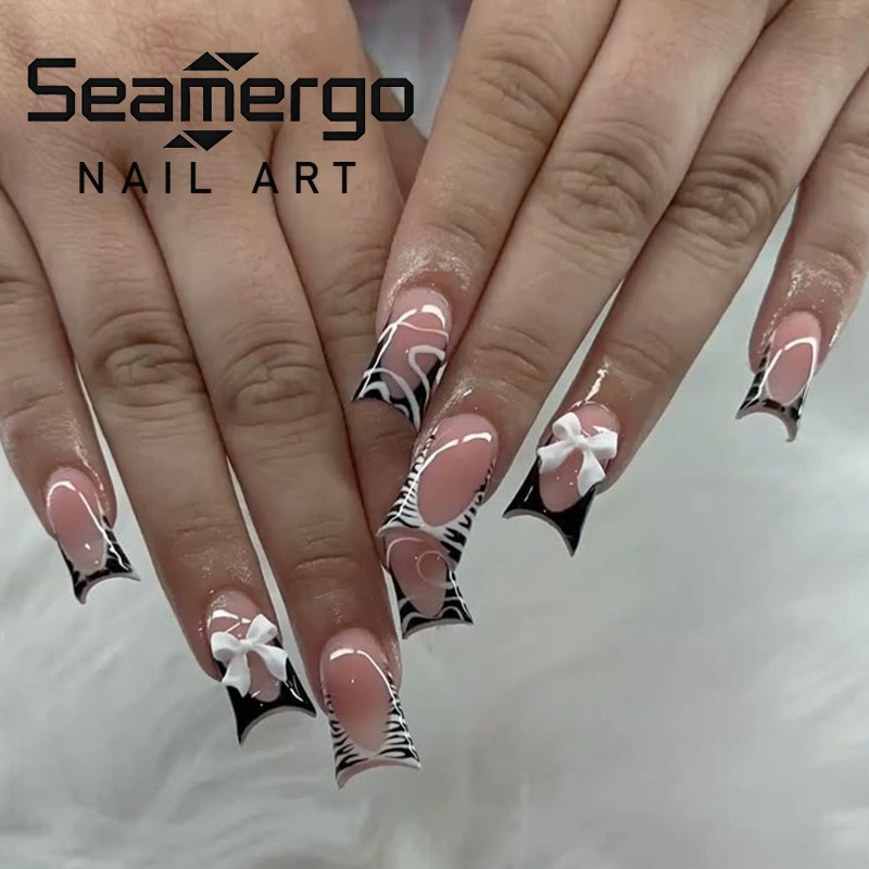Nail Art Zebra - 24 Stück Einfache Schwarze Entenschnabel-Kunstnägel Süße