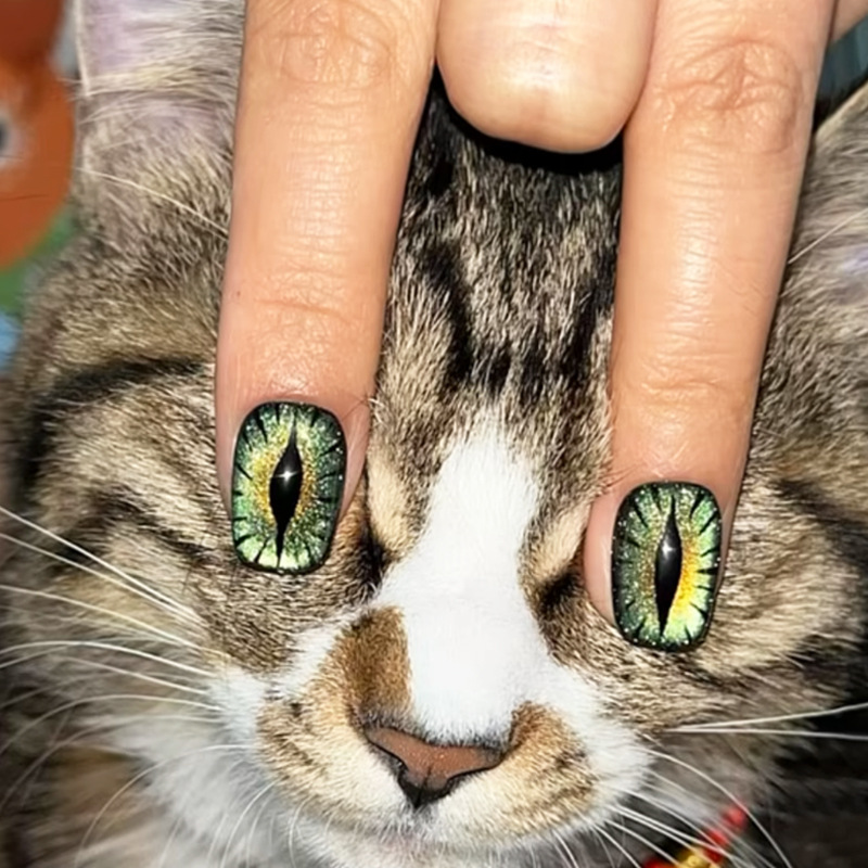 Nail Art Full Cat Eye - Kurze künstliche Nägel für Frauen, schimmernd,