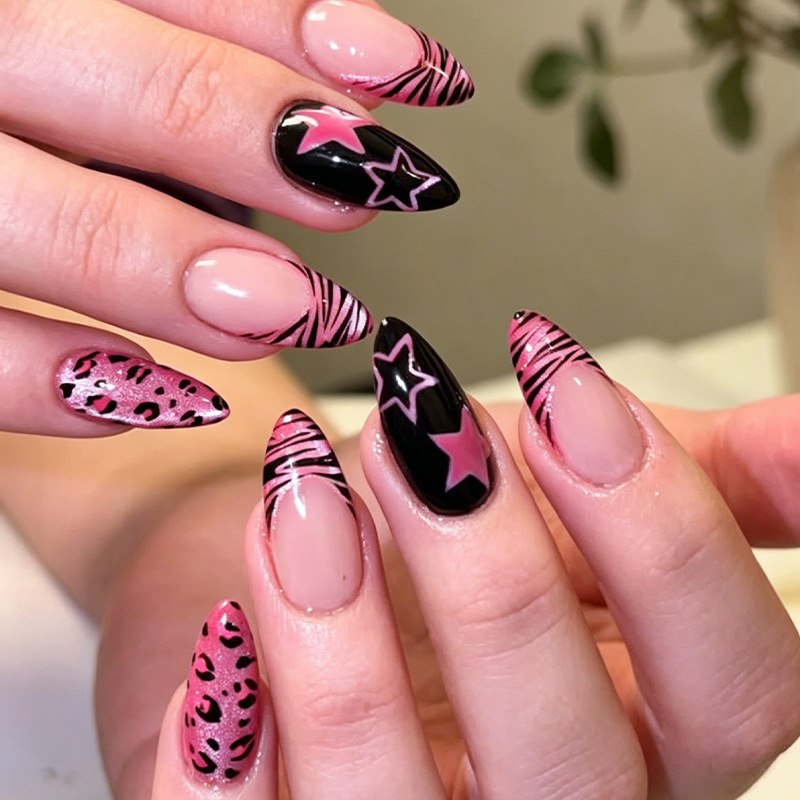 Nail Art Full Cat Eye - 24 Stück Linien- und Sternen-Press-on-Nägel, Leopardenmuster,